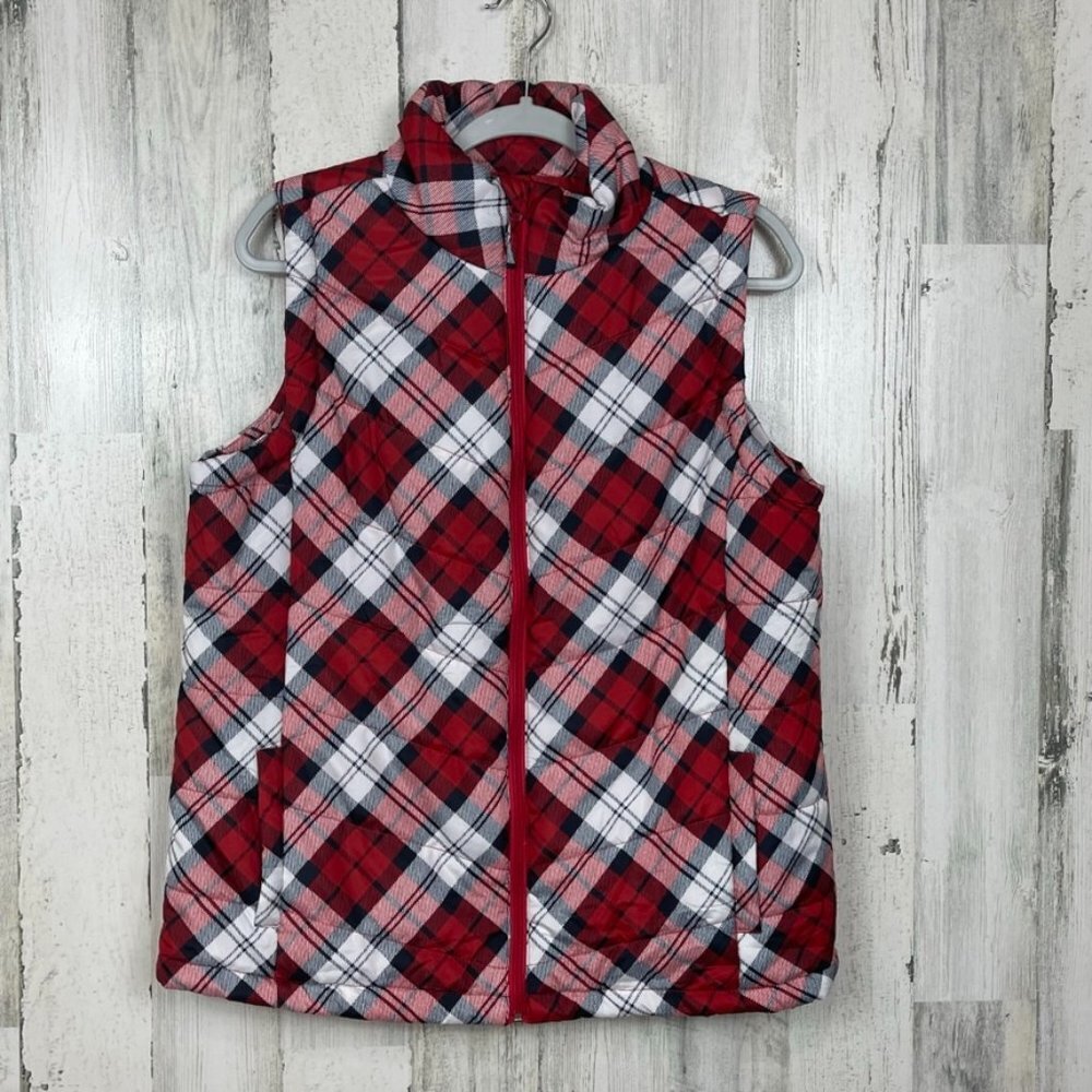 Jason Maxwell plaid puffer vest red white L outerwear stand up collar chic style
